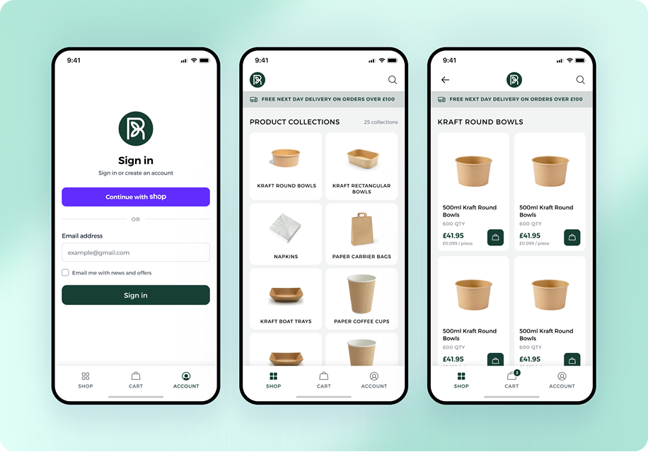 Reborn Packaging sign-in, product collections, and product listing screens